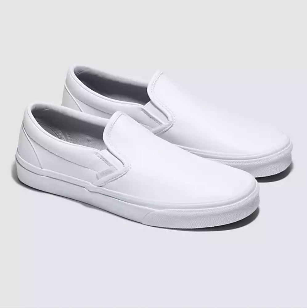 White faux leather slip-on vans